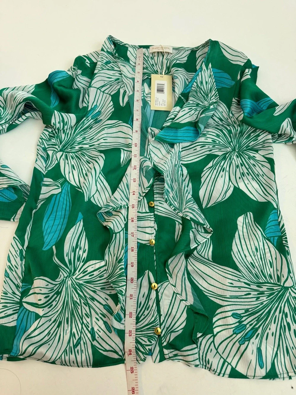 NWT Ramy Brook Savanna Lily Print Ruffle Button Front Blouse L Coastal $365 - Picture 3 of 5